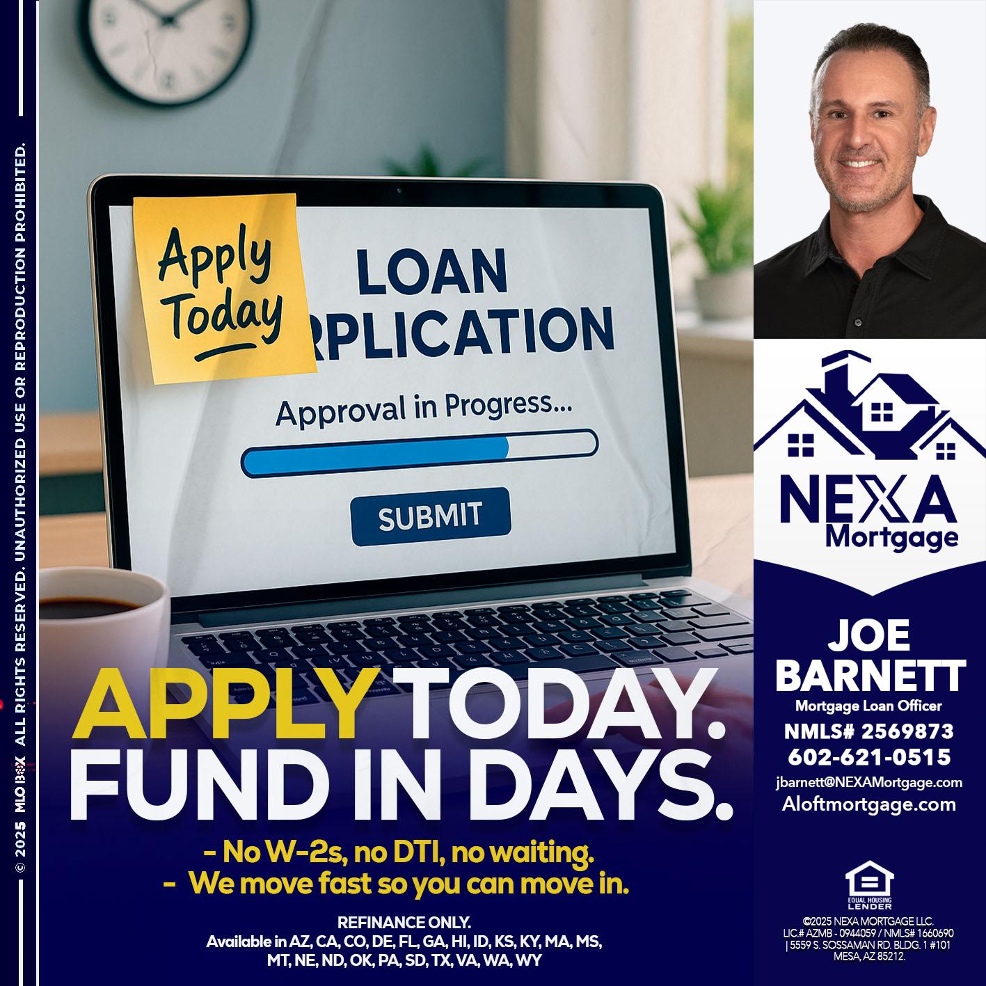 APPLY TODAY - Joe Barnett -Mortgage Loan Officer
