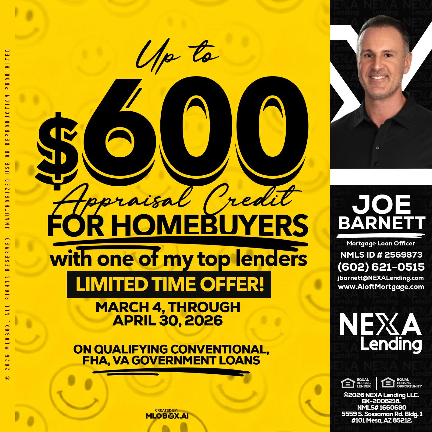 UP TO 600 - Joe Barnett -Mortgage Loan Officer